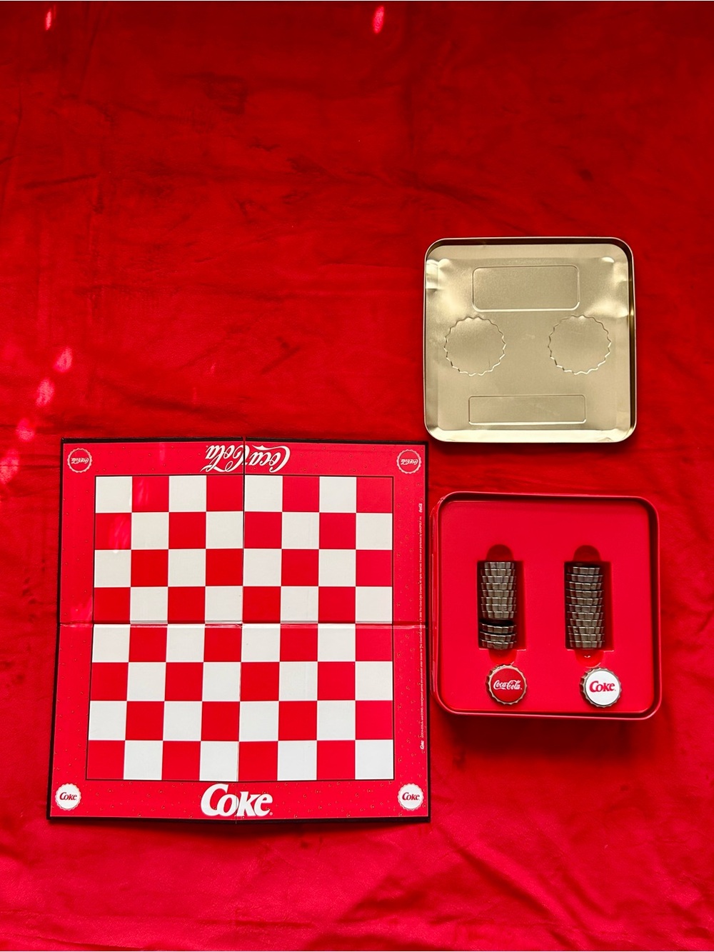 Coca Cola Red and White Travel Checker Set with Tin